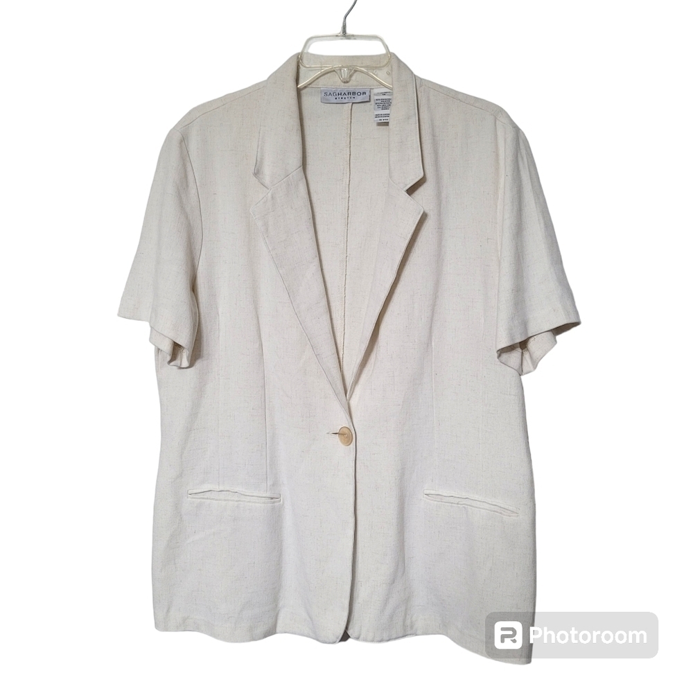 Sag Harbor Stretch Cream Short Sleeve Single Button Notch Collar Blazer Size 14